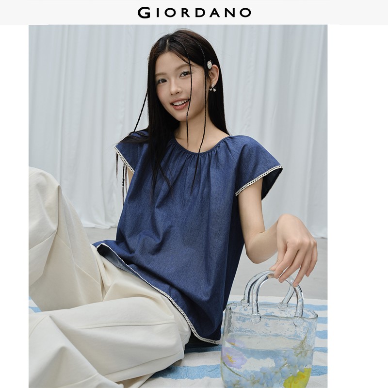 GIORDANO Women Blouses 100% Cotton Lace Trim Denim Blouses Round Neck Raglan Sleeve Fashionable Casual Loose Blouses 18346908 ราคา 1,689 บาท*ส่งฟรี