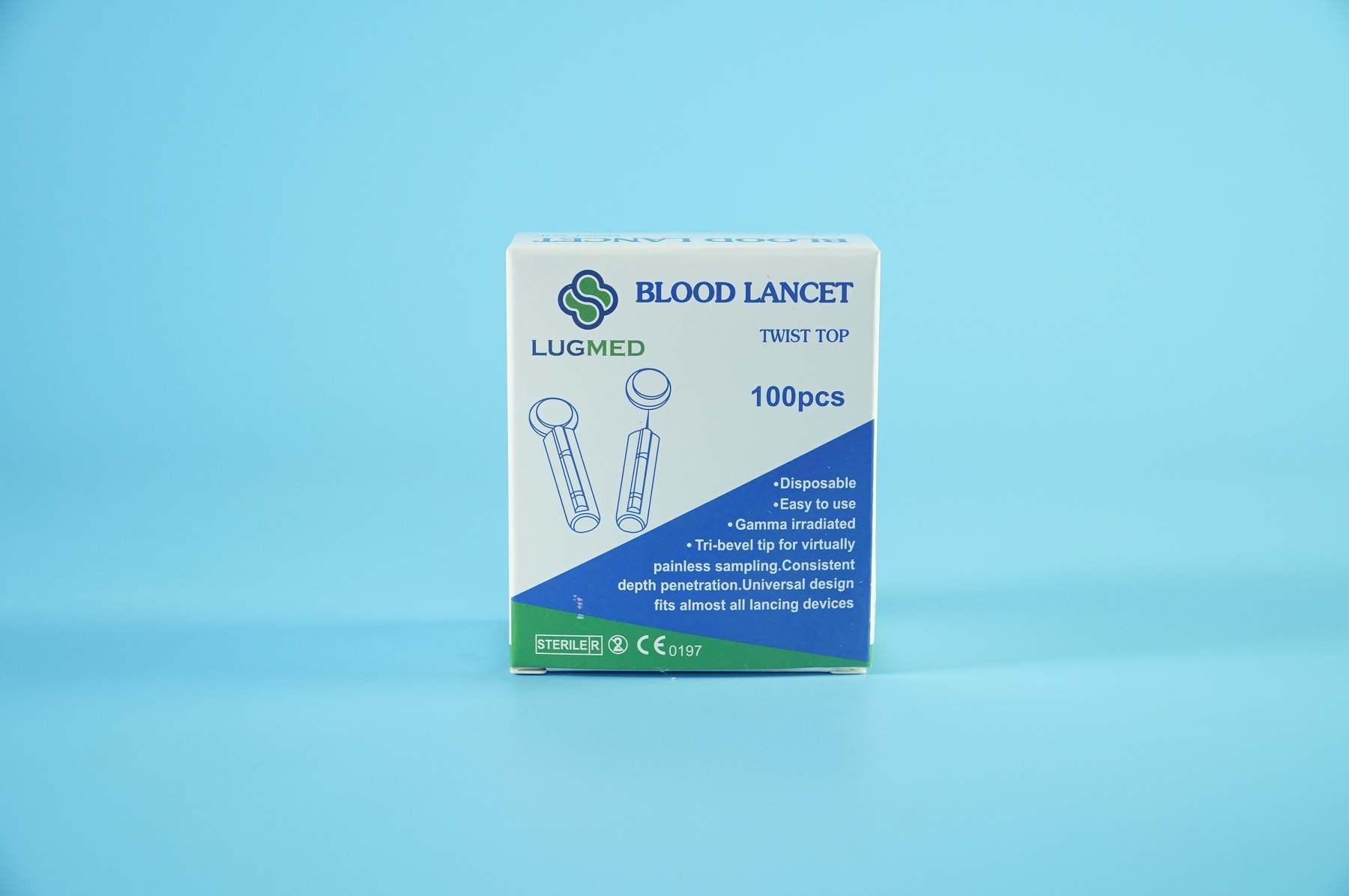 Hộp 100 kim lấy máu tiểu đường tròn xanh LUGMED vô trùng