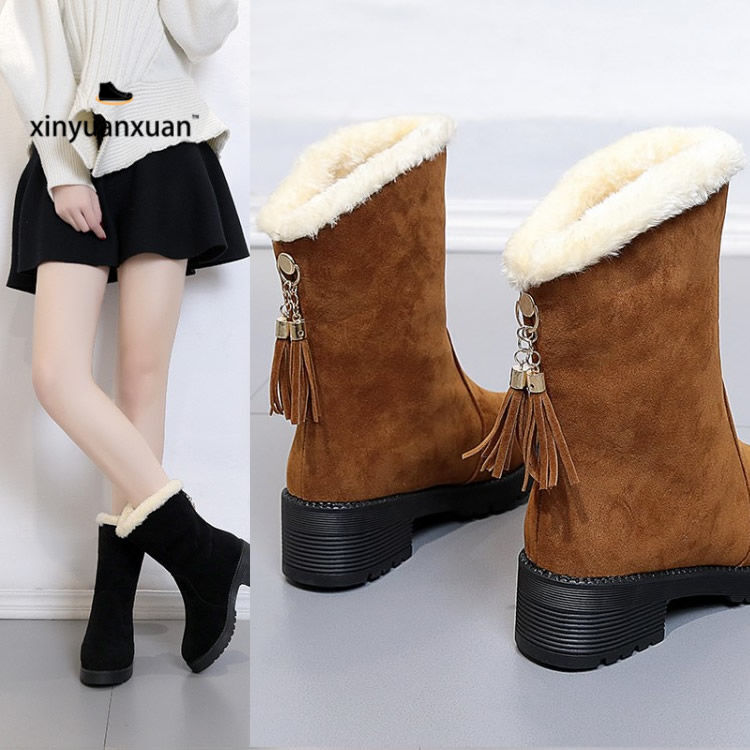 2023 Autumn/Winter New Thick Sole Snow Tassel Mid length Student Flat Bottom Plush Warm Shoes Short Boots Women's