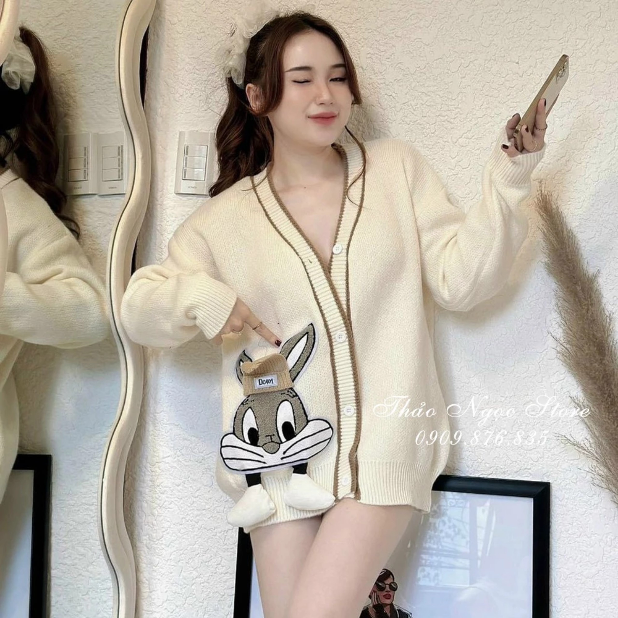 Áo khoác len nữ dáng rộng tay dài đính tag thỏ hàng nhập QC