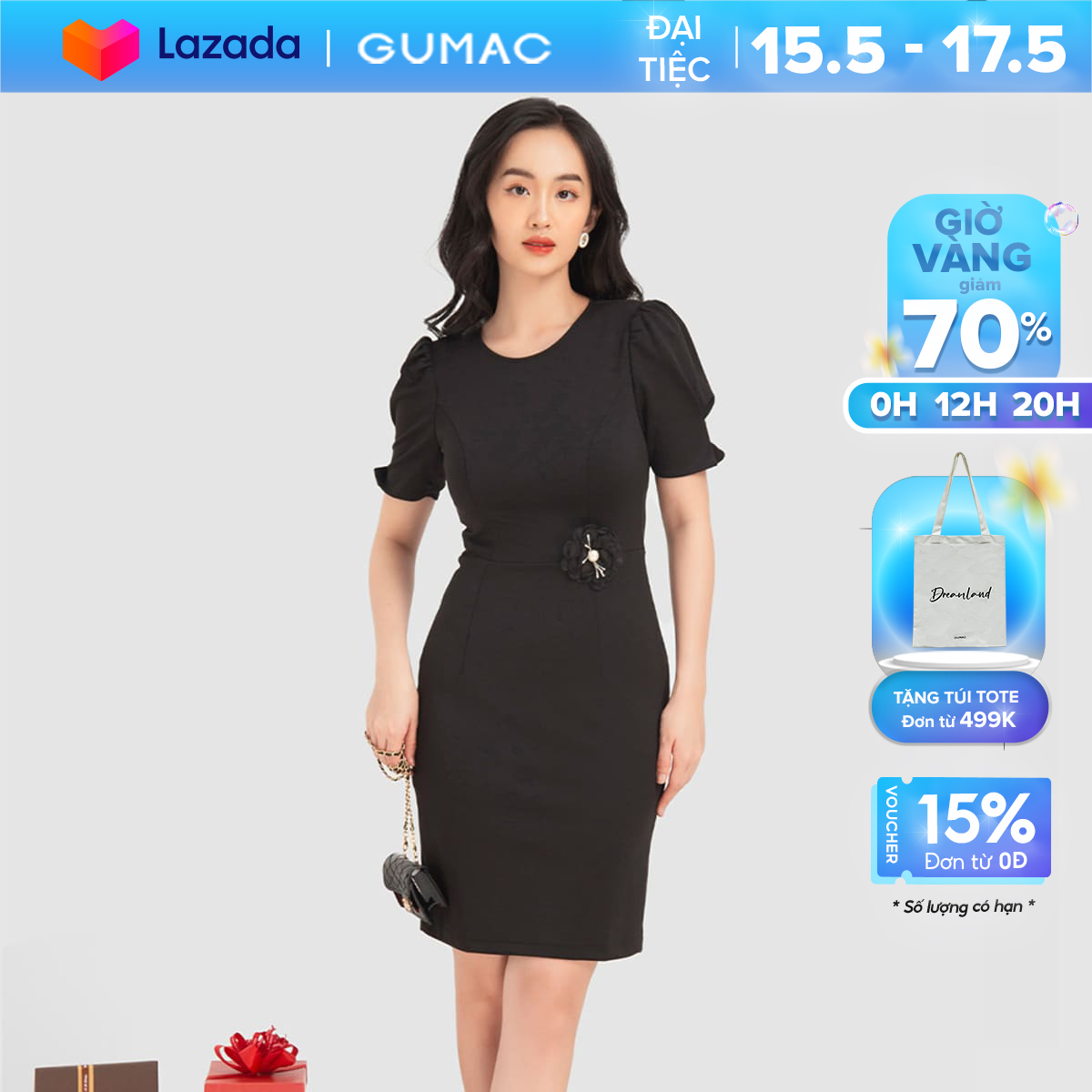 [15 - 17.5 | TẶNG QUÀ đơn từ 499K] Đầm dáng ôm nữ cơ bản thiết kế tay lỡ GUMAC DB12038