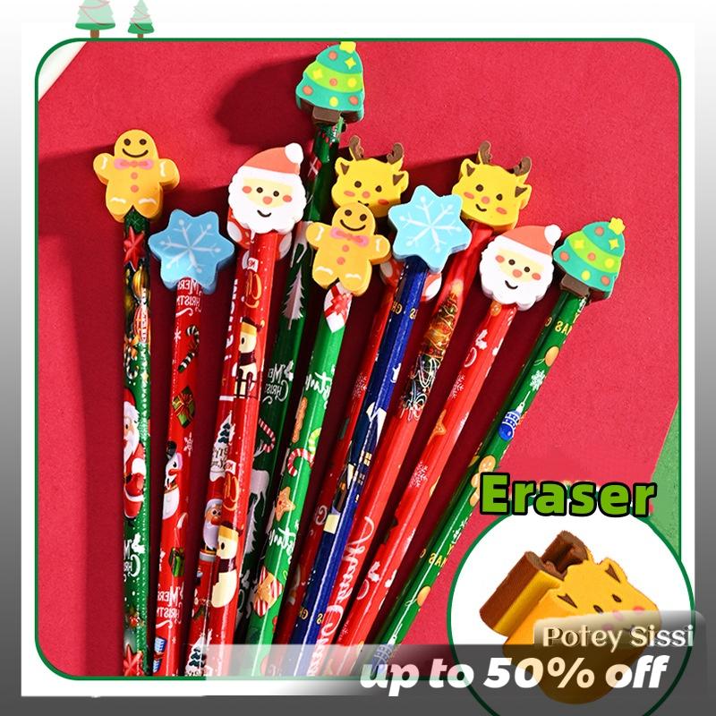 Potey 12Pcs Giáng Sinh Bút Chì Với Phim Hoạt Hình Tẩy Santa Claus Xmas Cây Bút Chì Bằng Gỗ Cho Học Sinh Đồ Cung Cấp Học Sinh Trẻ Em Của Quà Tặng
