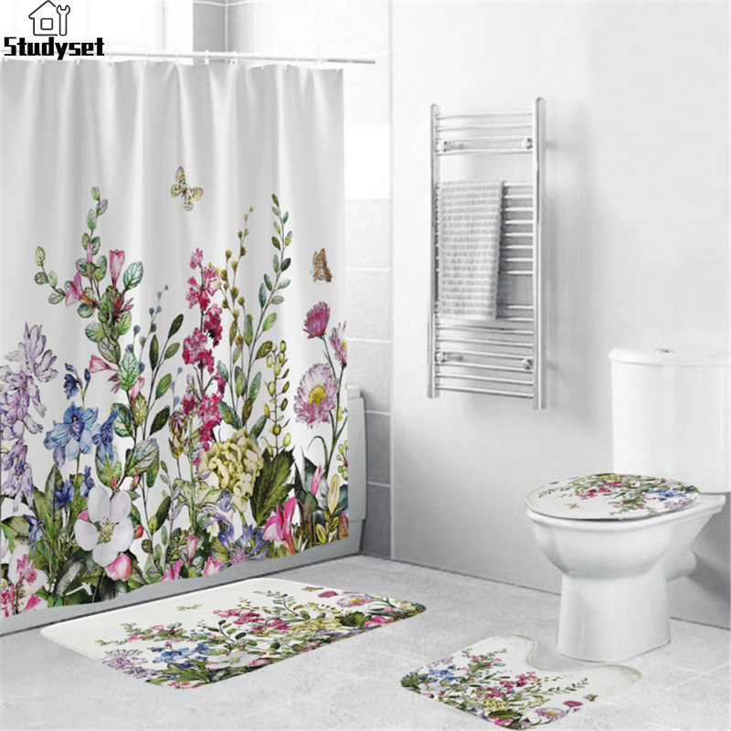 Studyset IN stock 4Pcs/Set Shower Curtain 180*180cm Non-Slip Rug Toilet Lid Cover Bath Mat for Bathroom ราคา 596 บาท*ส่งฟรี