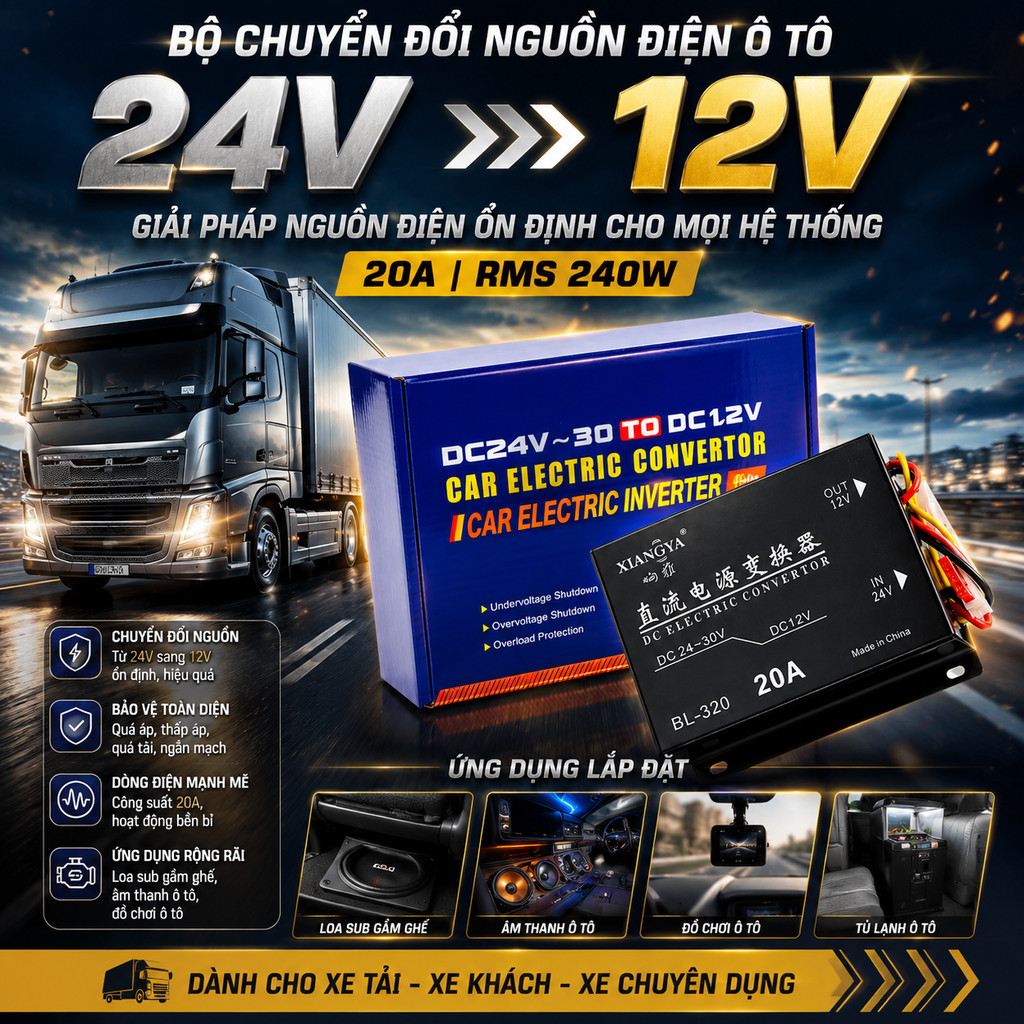 Bộ Chuyển Đổi Nguồn Xe Tải 24V Sang 12V 20A 240W - Dùng Cho Loa Sub Màn Hình Android