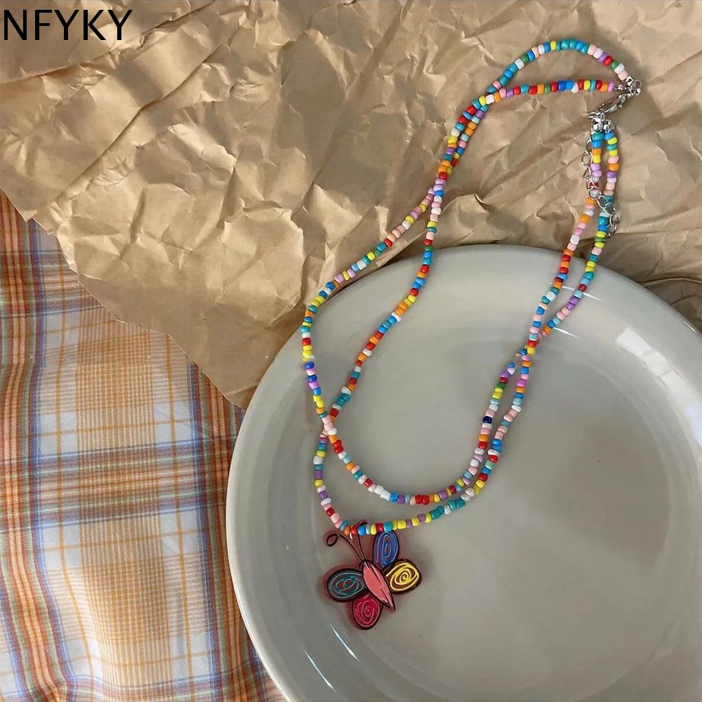 NFYKY Cổ điển Vòng cổ hai lớp Ins Hạt Vòng cổ choker đính cườm đầy màu sắc Ngọt ngào Phụ kiện trang sức Vòng cổ dây chuyền hình bướm Phụ nữ