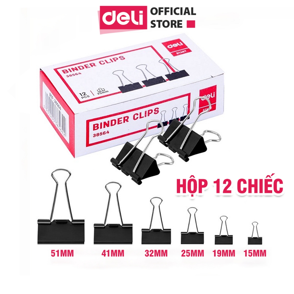 Hộp 12 Kẹp Bướm Deli Kẹp Tài Liêu Giấy Tờ Văn Phòng Phẩm Học Sinh Văn Phòng Nhiều Kích Thước Nhỏ Gọn Tiện Lợi