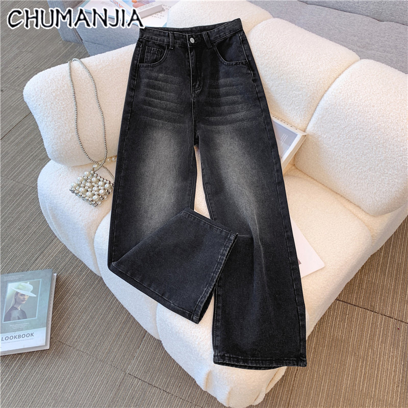 Chu Người Đàn Ông Jia Cao Eo Rộng Chân Jeans Cho Phụ Nữ 2025 Mùa Thu thời trang mới ôm vừa ống suông quần denim Với Thiết Kế rửa bằng nước