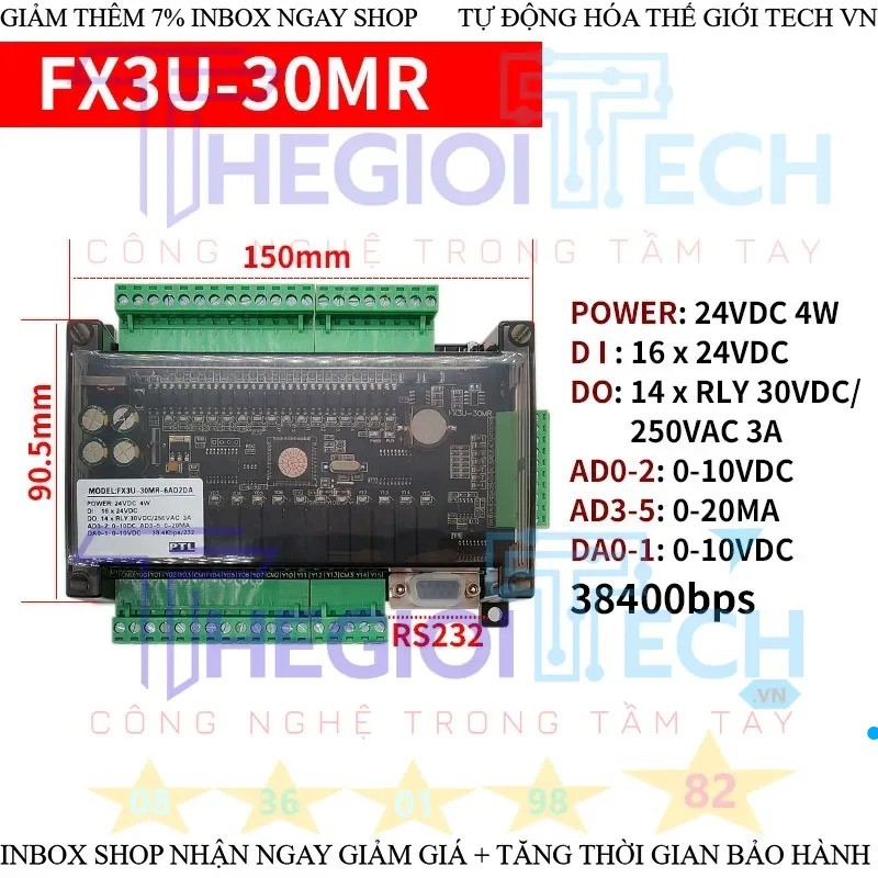 Bộ lập trình điều khiển công nghiệp PLC FX3U 6AD 2DA 30MR 32MT 16 ngõ vào X, 16/14 ngõ ra Y RS232 38400bps RS485 modbus - FX3U-30MR