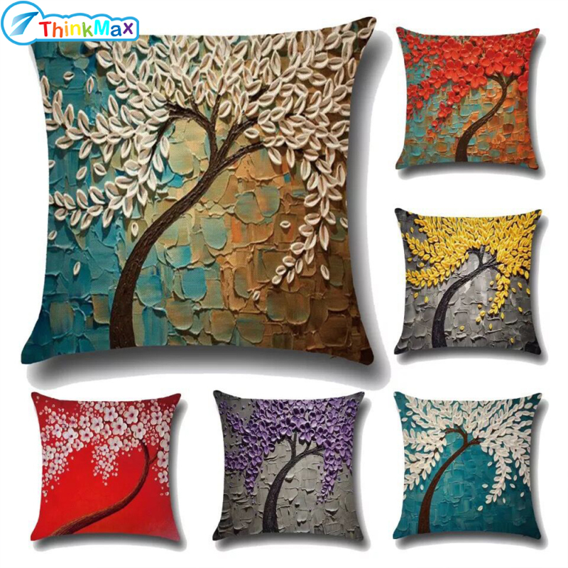 Breathable Pillow Protectors Cases, Peach Skin Velvet Personality Three-dimensional Oil Painting Tree Flower Pattern Sofa Pillow Cushion Cover, Soft Skin-friendly Square Pillow Case 45x45cm ราคา 47 บาท*ส่งฟรี