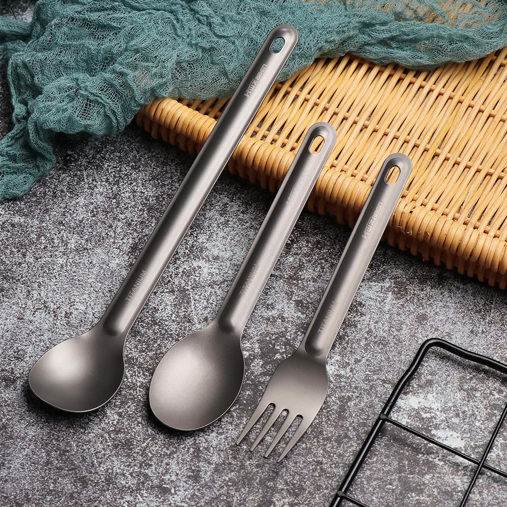 2YAO2YAO Siêu nhẹ Tinh khiết mới Dụng cụ cắm trại EDC Phụ kiện dã ngoại ngoài trời Dụng cụ nấu ăn bằng Titanium Nĩa dao kéo Muỗng tay cầm dài