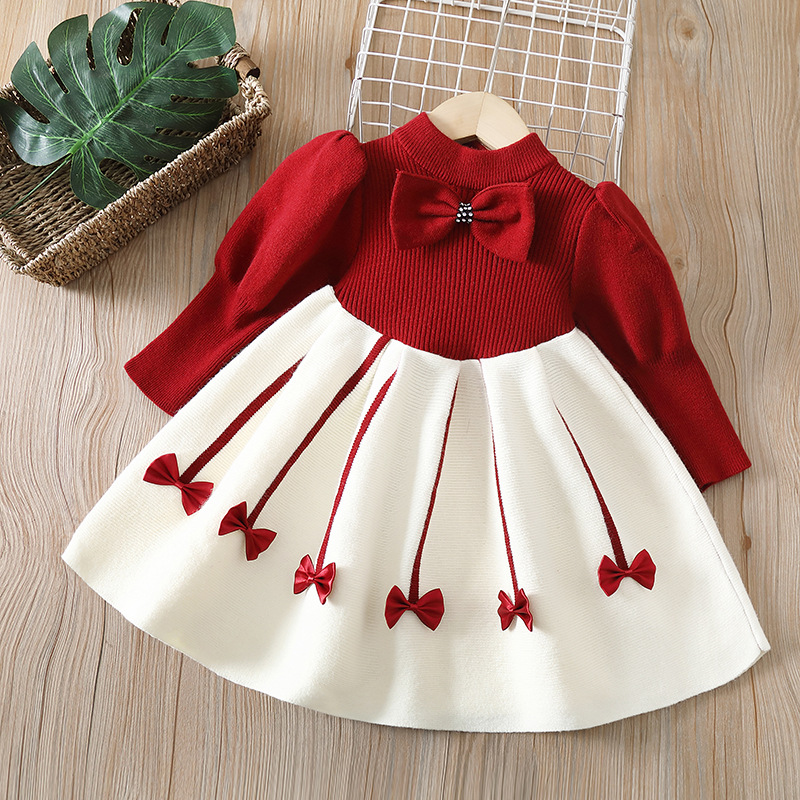 ZZOOI KEAIYOUHUO 2022 Autumn Bow Christmas Costume Flower Girls Princess Dress Baby Children's Long Sleeves Kids Warm Knitted Clothing ราคา 475 บาท*ส่งฟรี
