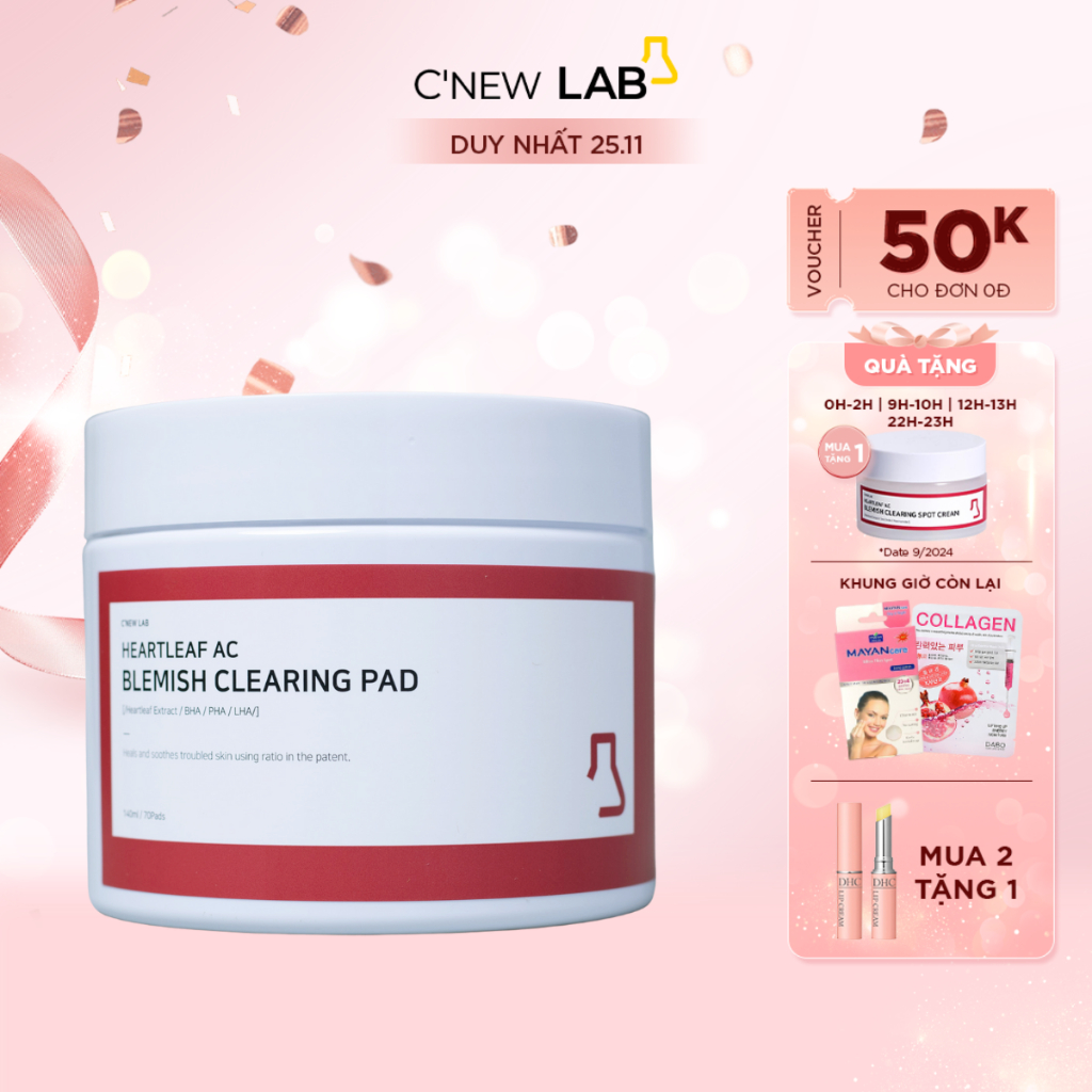 Bông Làm Sạch Và Ngừa Mụn Heartleaf Ac Blemish Clearing Pad C'NEW LAB Giúp Làm Mờ Vết Thâm Nám 140ml - Màu Đỏ