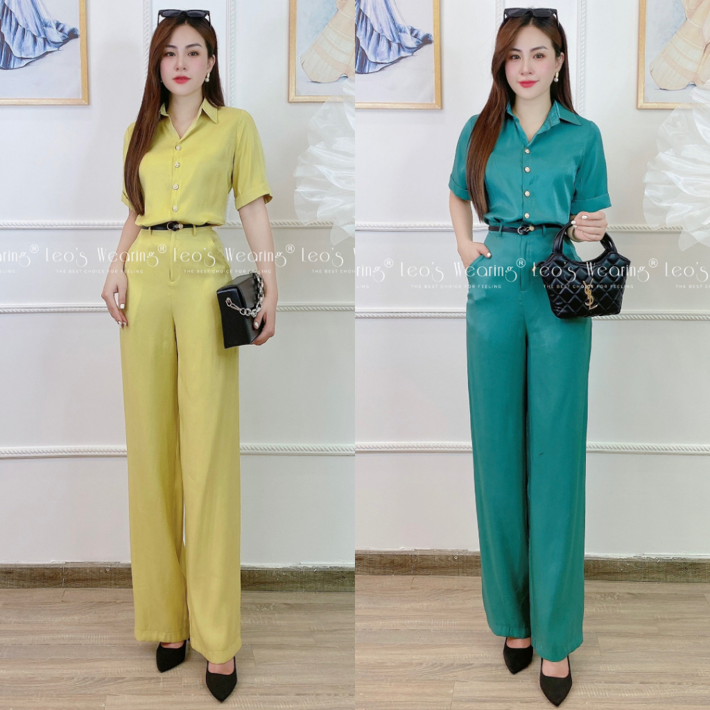 C31 LEOSWEARING Set quần suông ống rộng mix áo sơ mi tay ngắn không kèm đai