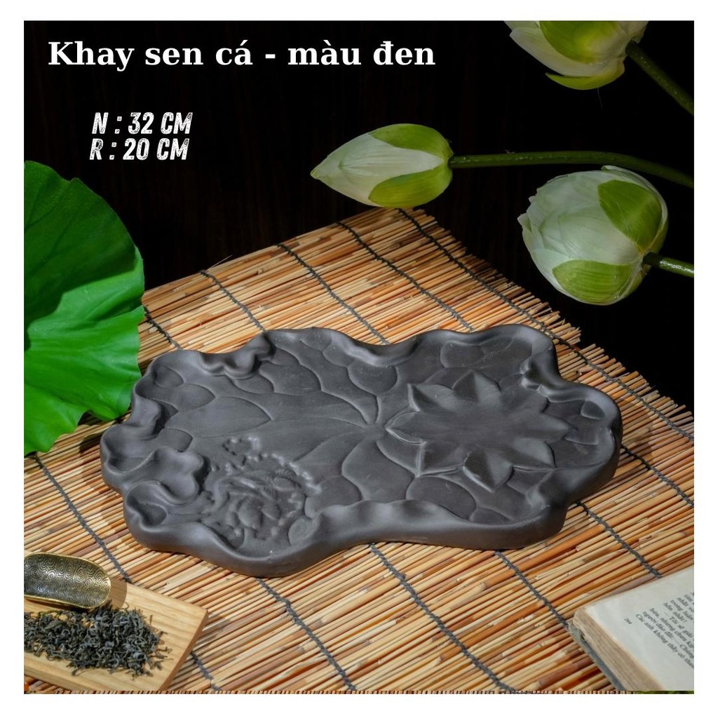 Bộ ấm chén tử sa đắp nổi họa tiết hoa châm, chén lòng xanh, 2 màu đỏ đen dung tích 400ml - Làng gốm Bát Tràng
