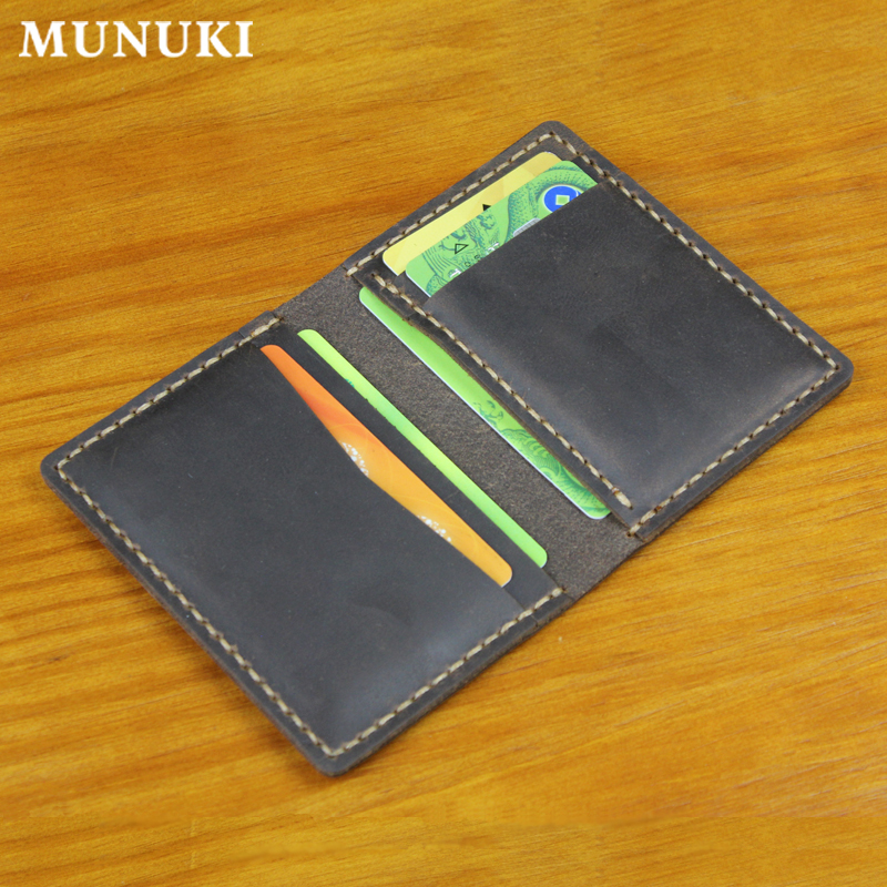 MUNUKI Ví Đựng Thẻ Thủ Công Ví Mini Da Ngựa Điên Cổ Điển Ví Đựng Thẻ Tín