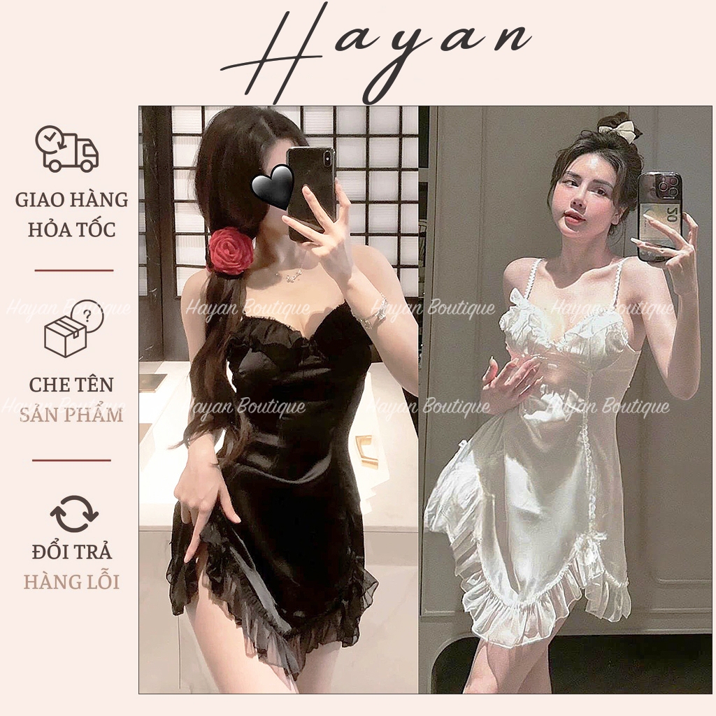 HT38 Váy ngủ sexy phối ren bèo tiểu thư kèm ĐỆM LÓT, đồ ngủ lụa 2s xẻ đùi hở lưng gợi cảm HT38