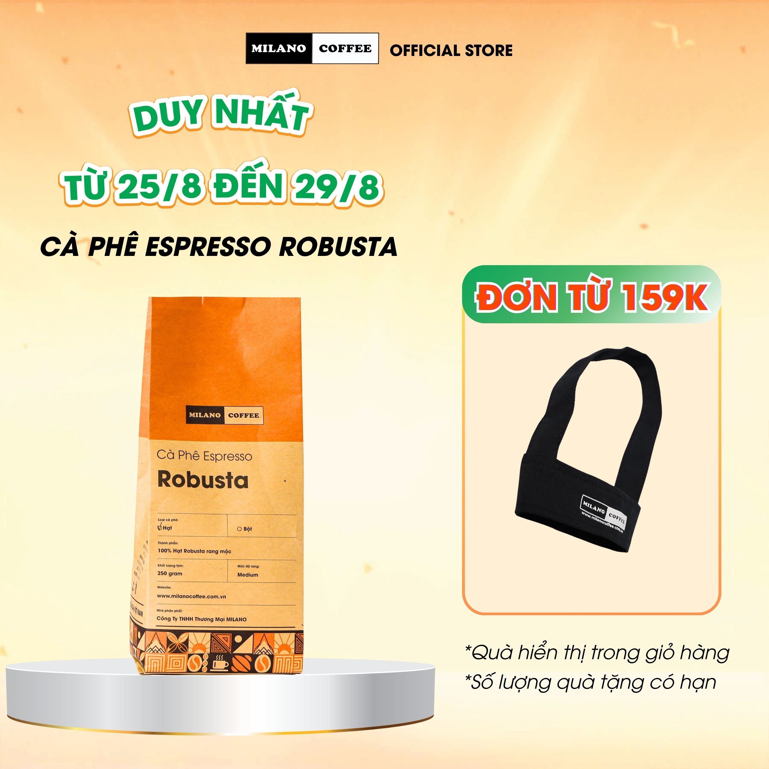 Cà phê hạt 100% robusta rang mộc nguyên chất milano coffee 250gr