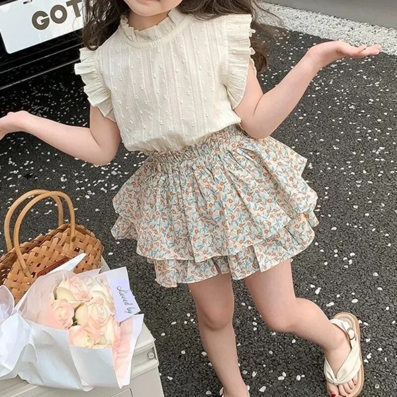 Sonkpuel Bộ đồ bé gái mùa hè 2024 Đầm mùa hè trẻ em mới áo trẻ em bé gái thời trang trẻ em + Váy Hai bộ chi tiết