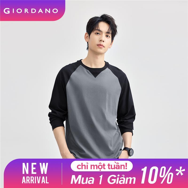 GIORDANO Nam Áo thun 100% Cotton Màu tương phản Áo thun mềm mại Cổ tròn Raglan Tay dài Áo thun đơn giản thời trang thường ngày 13025603 