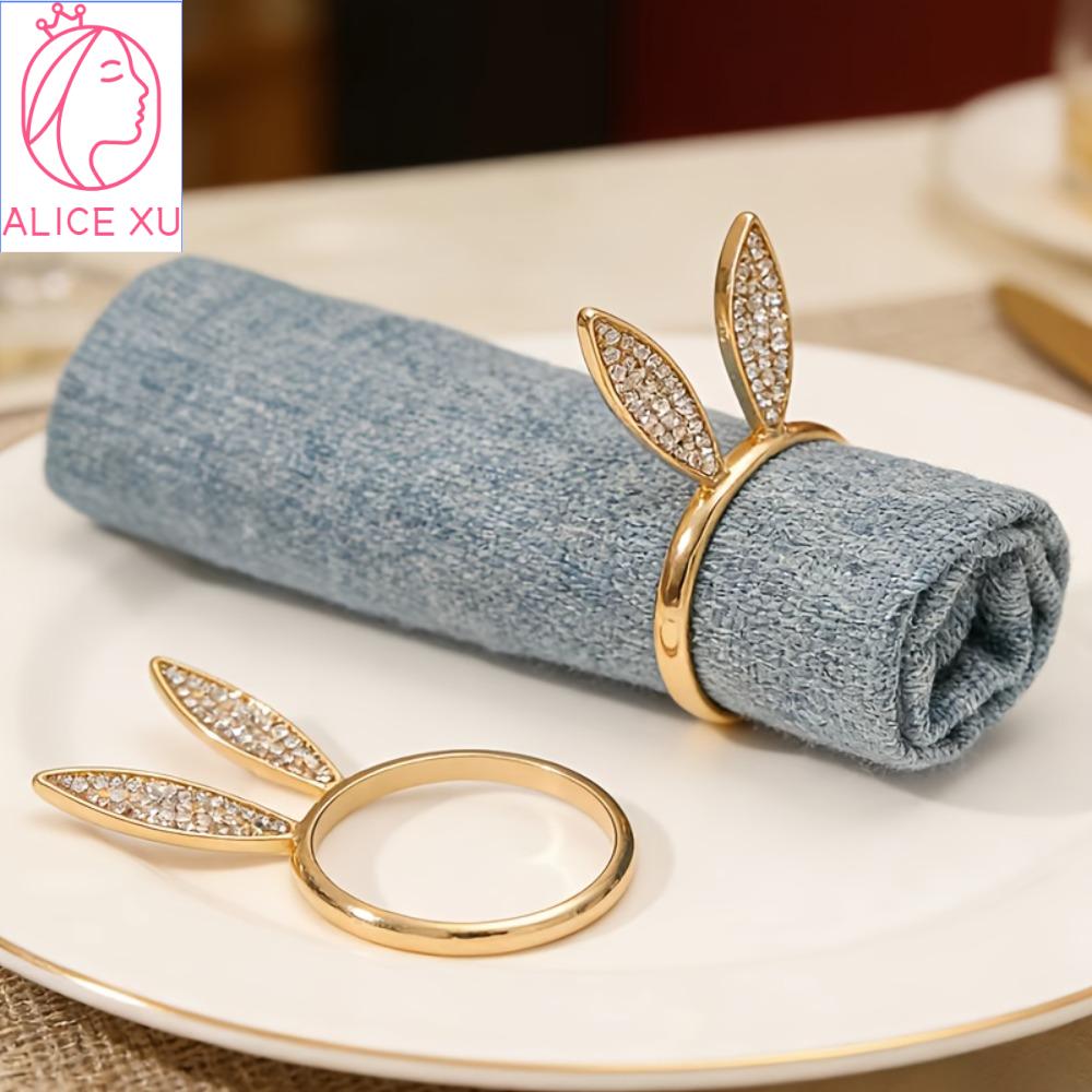 ALICE XU 6 Piece Đá quý khảm Vòng khăn ăn hình đầu thỏ Phục Sinh Hợp kim Tai 3D Giá đỡ khăn ăn hình tai thỏ Hộ gia đình Sáng bóng Vòng khăn ăn trang trí Tiệc tùng