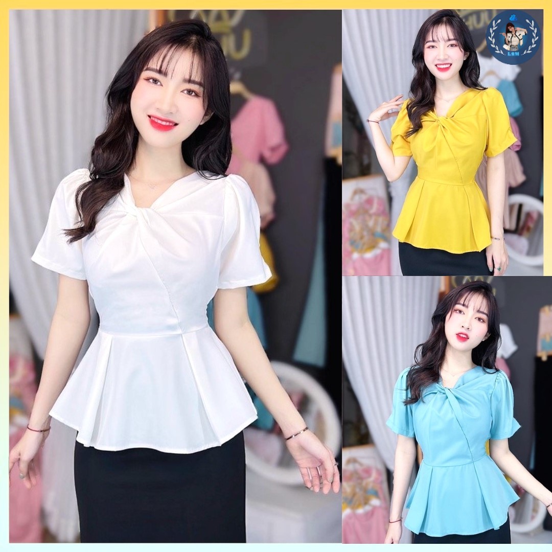 Áo sơ mi kiểu nữ peplum kate lụa cổ xoắn ngực và chun lưng giấu bụng hiệu quả - l2m