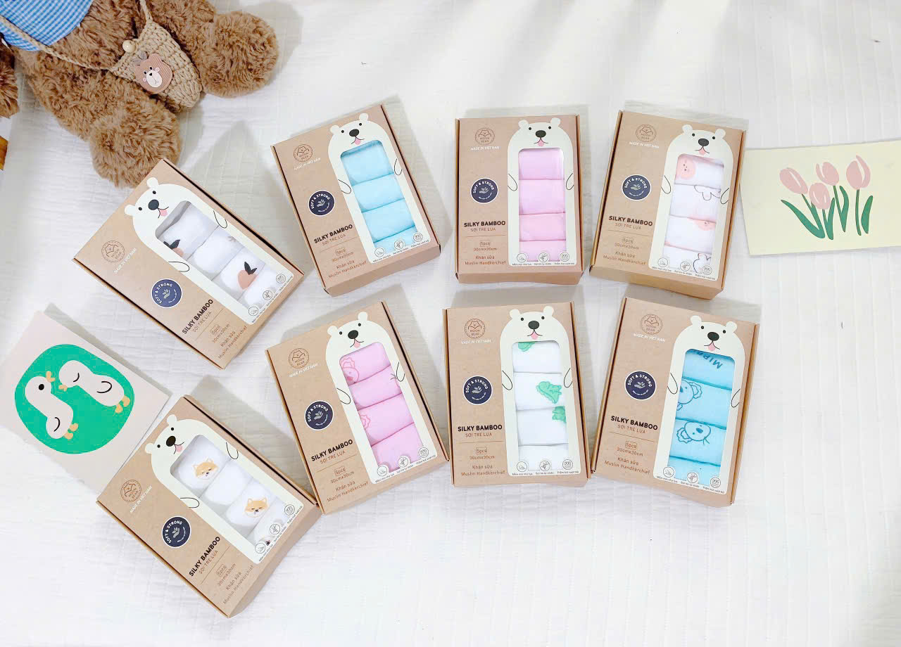 Hộp 5 khăn sợi tre Monbear, set 5 khăn sữa, khăn mặt cho bé 30x30cm Bebi123shop