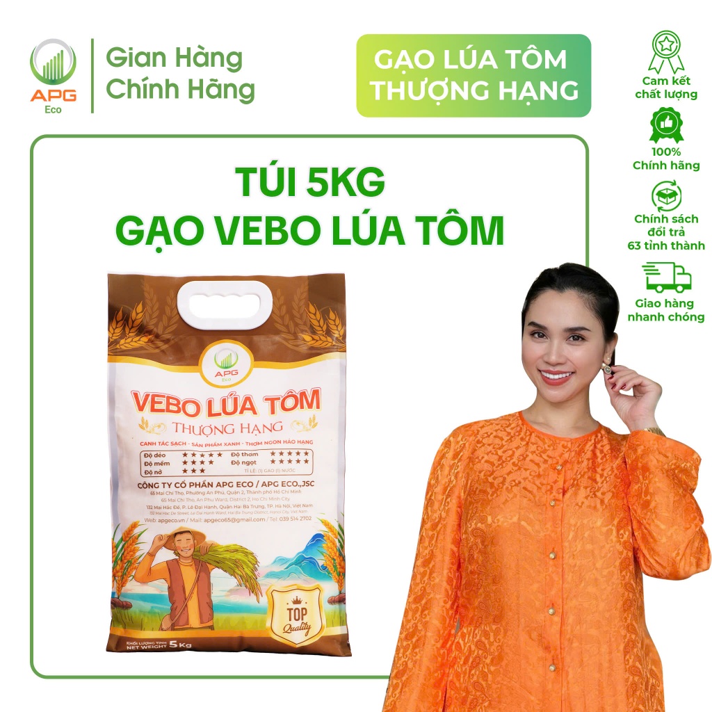 [SẢN PHẨM MỚI] Gạo VEBO Lúa Tôm Thượng Hạng APG ECO Hữu Cơ Mềm Dẻo Quy cách túi 5Kg