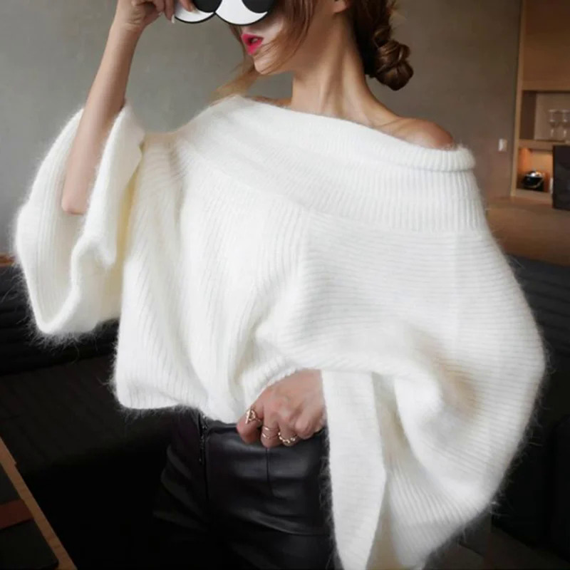 2024 Sexy Tắt Vai Dệt Kim Áo Len Phụ Nữ Rắn Lỏng Bùng Tay Áo Áo Thun Nữ Slash Cổ Chồn Cashmere Áo Len Jumper