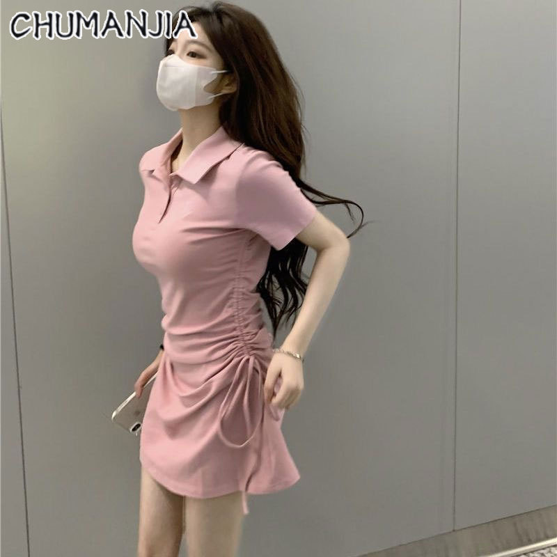 Chu Man Jia phong cách Hàn Quốc váy cổ áo polo tay Ngắn váy dây rút mỏng