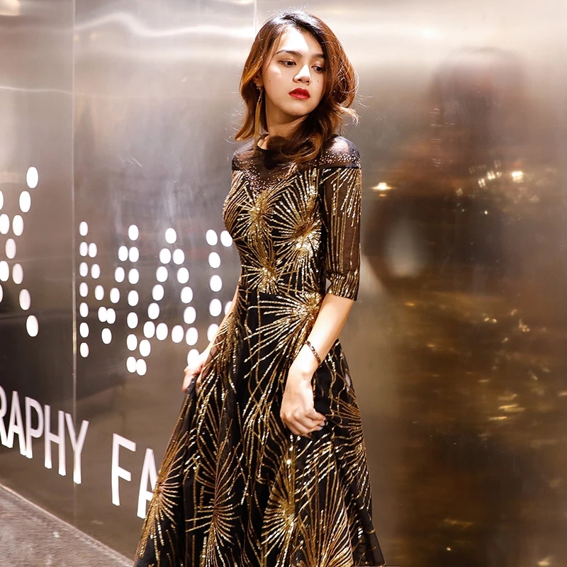 green emerald velvet dress Long Sleeves Black Dress With Gold Sequins Mermaid Style – TANYA BRIDAL