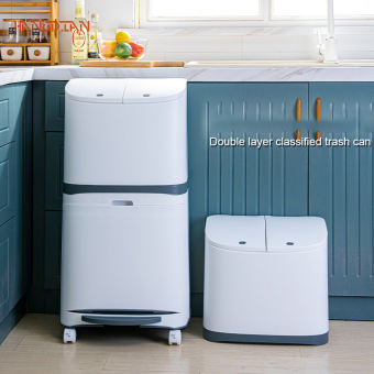 HANGDIAN Thùng rác phân loại khô và ướt gia dụng, nhà bếp, phòng khách, Thùng rác ép chân nhựa kép lớp dung tích lớn