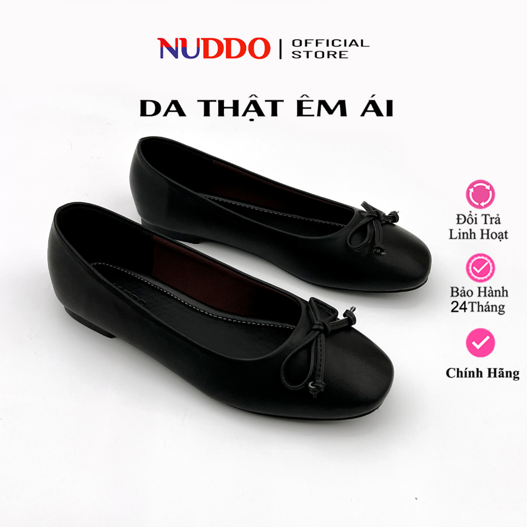 Giày Búp Bê Bệt Nữ Mũi Vuông Da Thật Cao Cấp, Guốc Đế Bằng Phối Nơ Chỉ Da Mềm NUDDO - NN006C