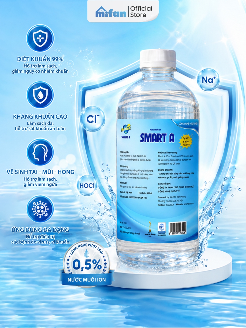 Dung dịch sát khuẩn Smart A 500ml - Nước anolyte khử trùng da, vệ sinh mũi họng - An toàn, không gây kích ứng