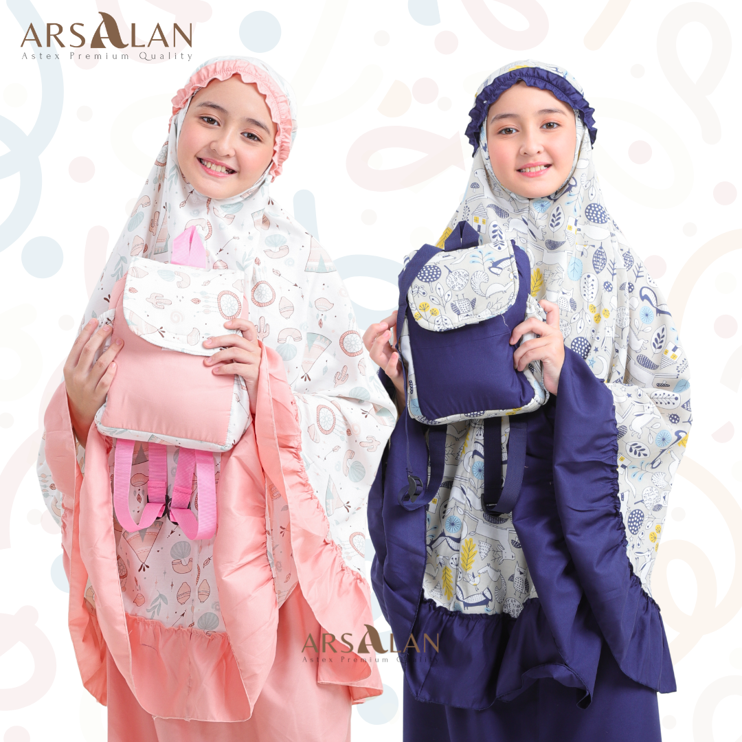 Arsalan - Children's Mukena Backpack Rayon Combined with Micro Cotton Zoo Series Aged 2 - 12 Years