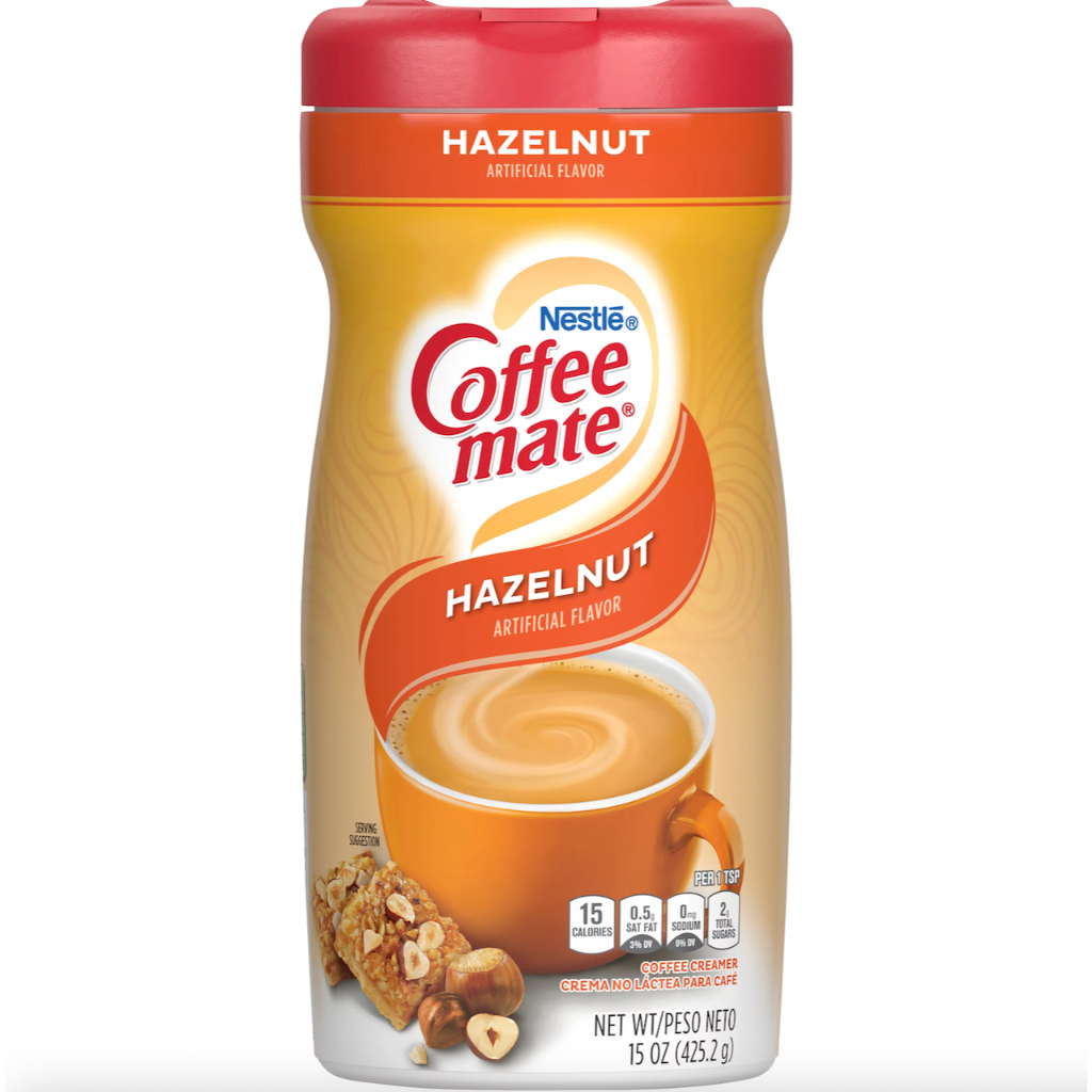 BỘT KEM SỮA CÓ ĐƯỜNG VỊ HAZELNUT Coffee Mate Powder Coffee Creamer, 425.2g (15 oz) - Sản phẩm có hương vị hazelnut thơm ngon, hấp dẫn và không có nguồn gốc bơ sữa non-dairy - Coffee-mate không chứa lactose (lactose-free), gluten (gluten-free) và Choleste