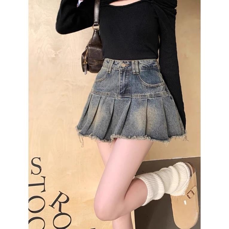 Chân váy jeans nữ dáng xếp li siêu xinh, chân váy jeans siêu basic dễ phối đồ xinh xỉu 2024