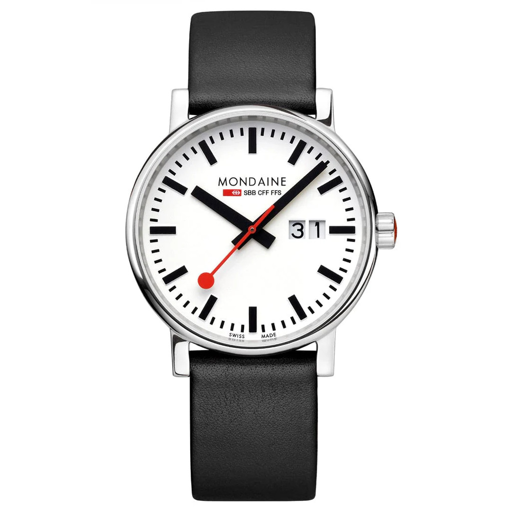นาฬิกาข้อมือแฟชั่น คอลเลกชันใหม่ (รับประกันสินค้าของแท้) นาฬิกา Mondaine Evo2 Big Date เหล็กขัดเงา 40 มม. หนังวีแกนสีดำ ราคา 12,500 บาท*ส่งฟรี