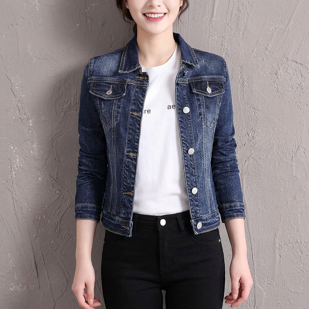 Women Denim Jeans Jacket Dark Wash High Waist Flare Leg Slim Fit Winter Style