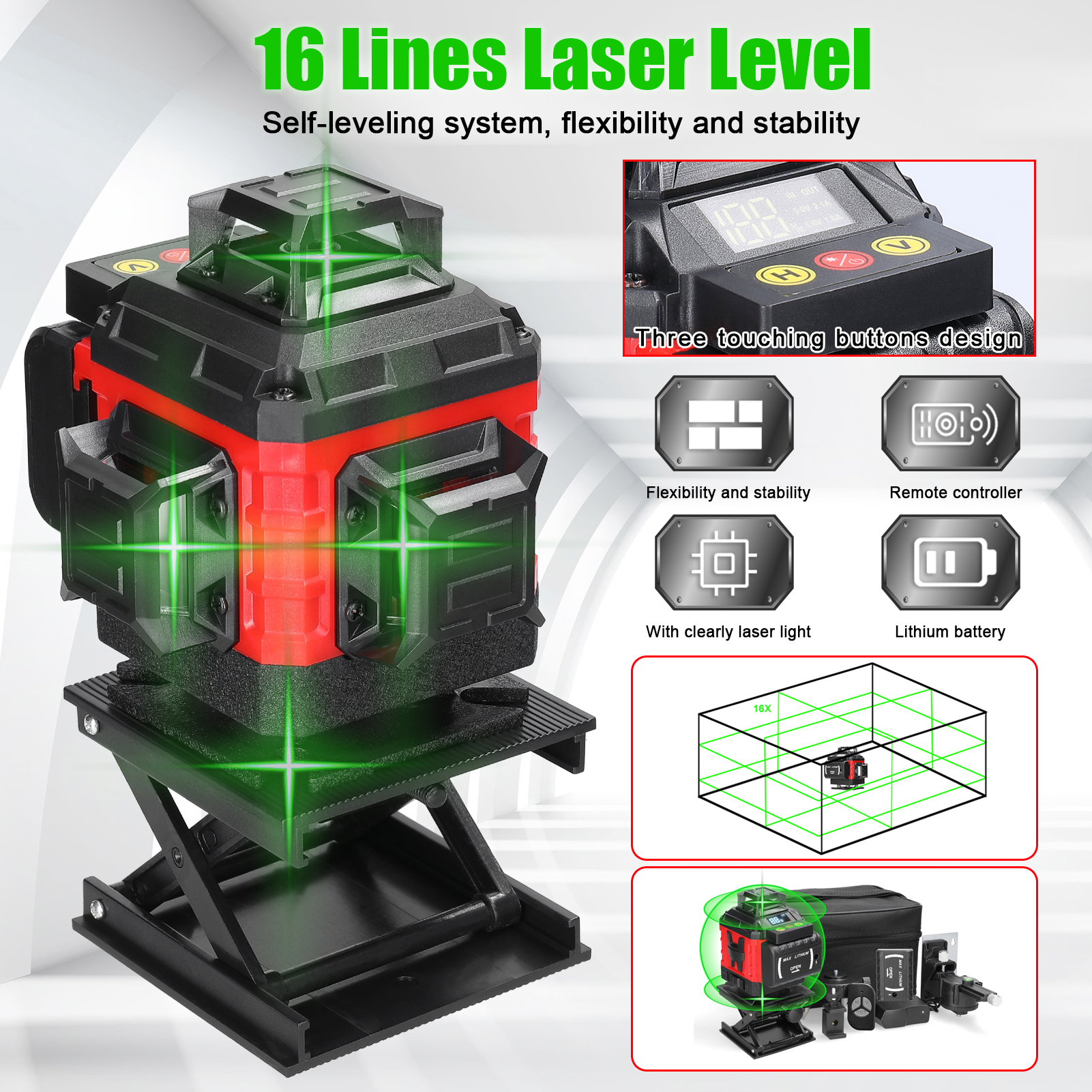 Cảm biến thông minh đa chức năng 16 dòng mức Laser 3 ° tự san lấp mặt bằng máy pin lithium sạc lại được dụng cụ đo lường đa hướng mặt đất hình dán tường nhà cải thiện Bộ dụng cụ