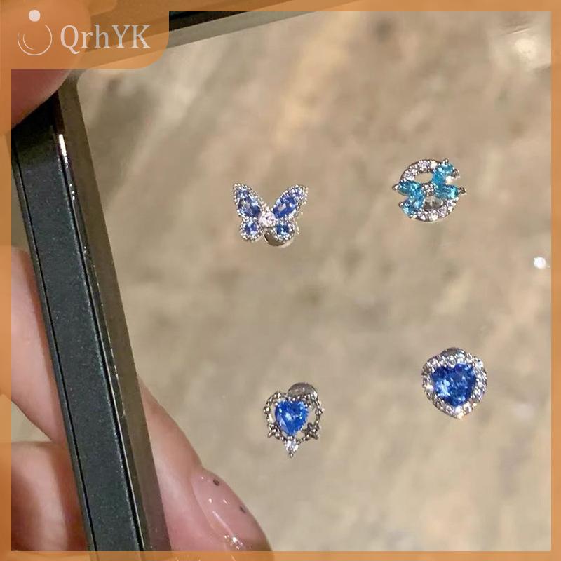 QrhYK Cao cấp cảm giác bông tai màu xanh tình yêu bướm ốc tai Stud ngủ miễn phí Tai xương Stud kim loại bông tai đơn giản