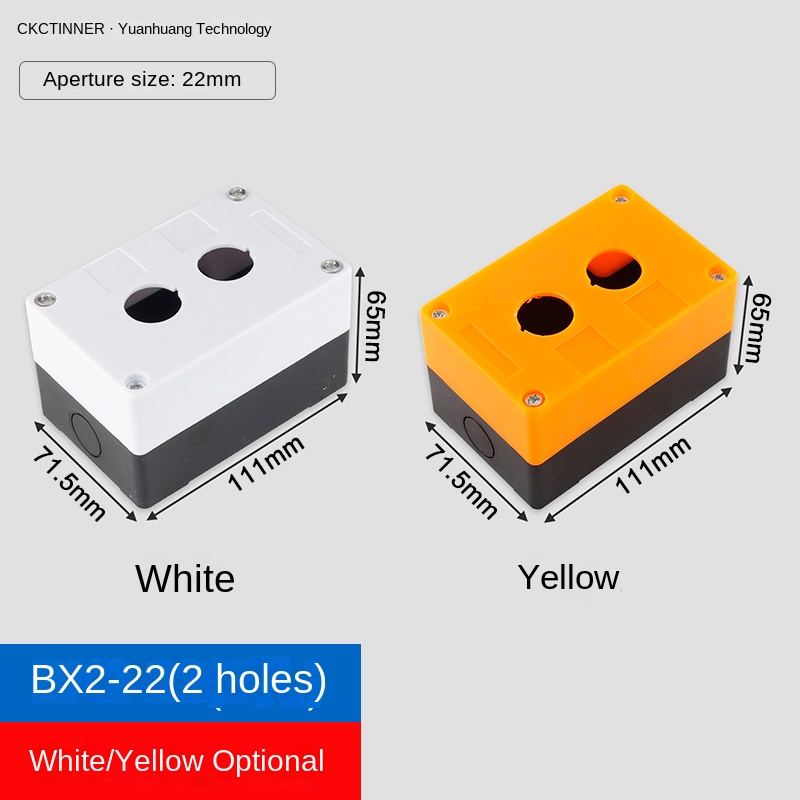 Hộp Nút Nhấn 22mm - Màu Vàng - BX2 (Hai Lỗ) | CKCTINNER BX1-BX6, 1-6 Lỗ, Đèn/Nút Thường, Cắt Nấm, IP65 Chống Nước, Vàng/Trắng, Công Nghiệp, Chất Lượng Cao