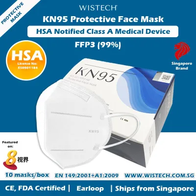 [ANY 2 GET UP TO 15% OFF PROMO - OFFICIAL STORE](White/Black) Wistech KN95 Protective Face Mask, 10pieces, HSA Notified Medical Device FDA CE Approved,FFP3 (99%), Singapore Ready Stock