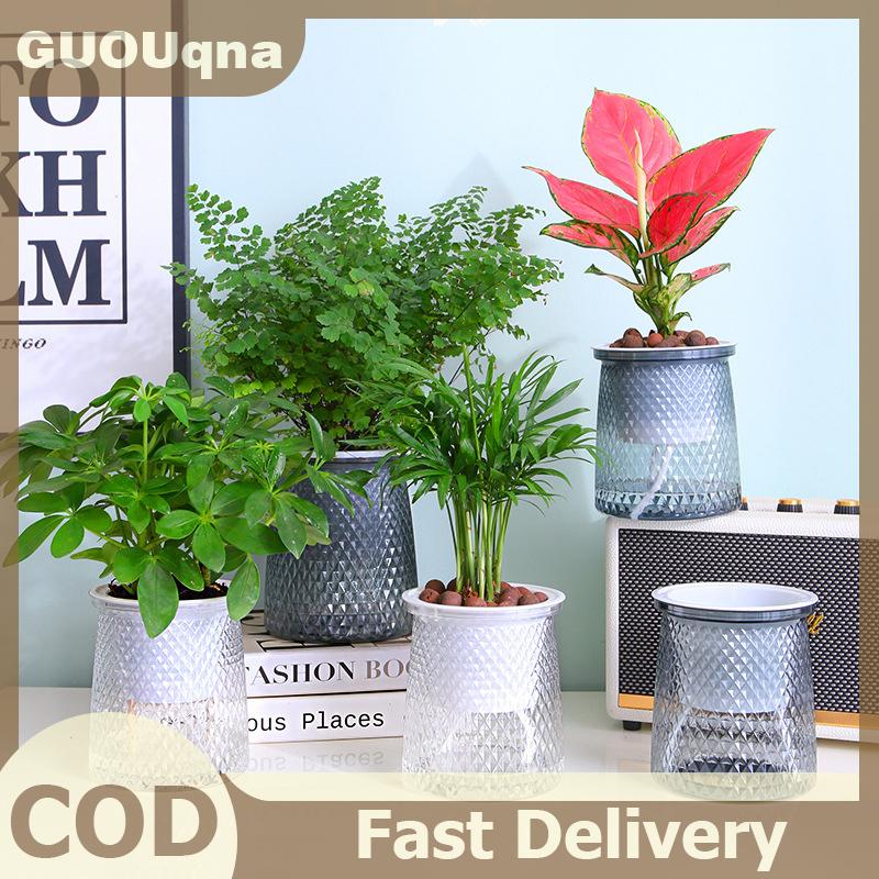 GUOUqna Chậu cây tự tưới nước hai lớp Bình hoa bằng nhựa trong suốt Chậu hoa lười tự động Chậu Hoa thủy canh trang trí chậu hoa