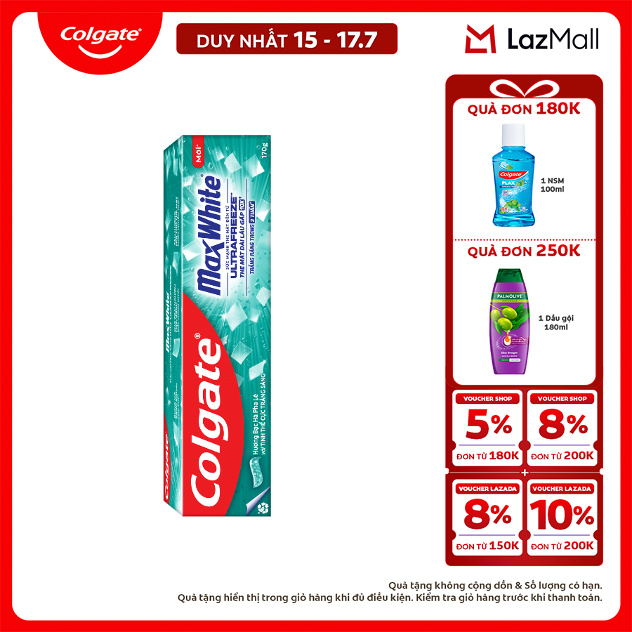 [Chỉ 15-17.7_X2 Voucher giảm đến 18%] Kem đánh răng Colgate MaxWhite tinh thể the mát, làm trắng răng trong 2 tuần
