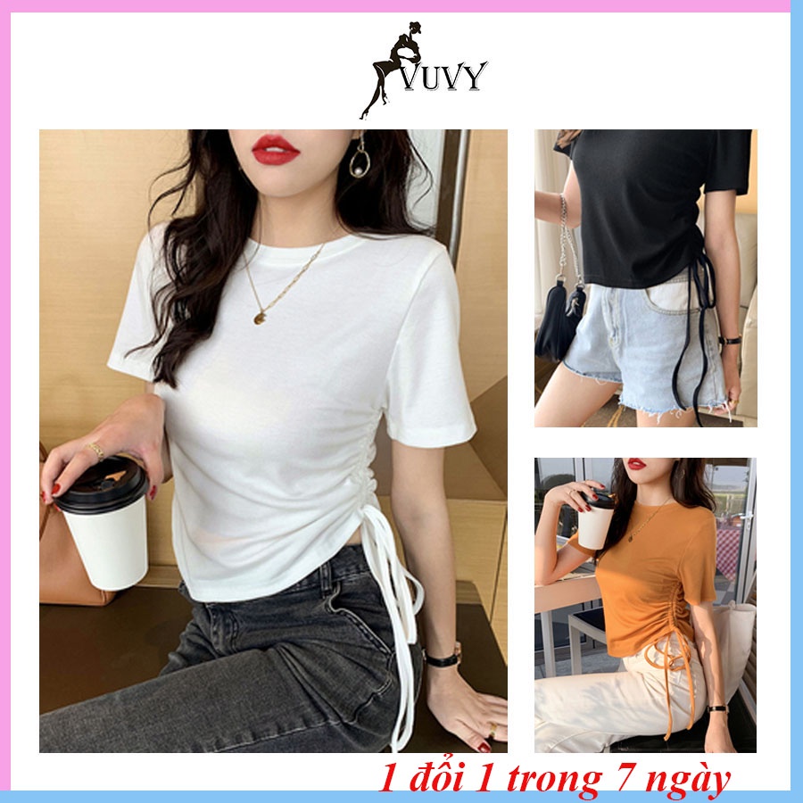 Áo croptop nữ, Áo kiểu nữ tay ngắn, vạt nhọn, cổ tròn phối dây rút trẻ trung, hack dáng VUVY2