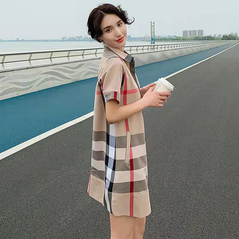 Fashion Brand New Burberry Dress Plus Size Cotton Plaid Dress Female Korean Version of Loose and Slim Long POLO Skirt.