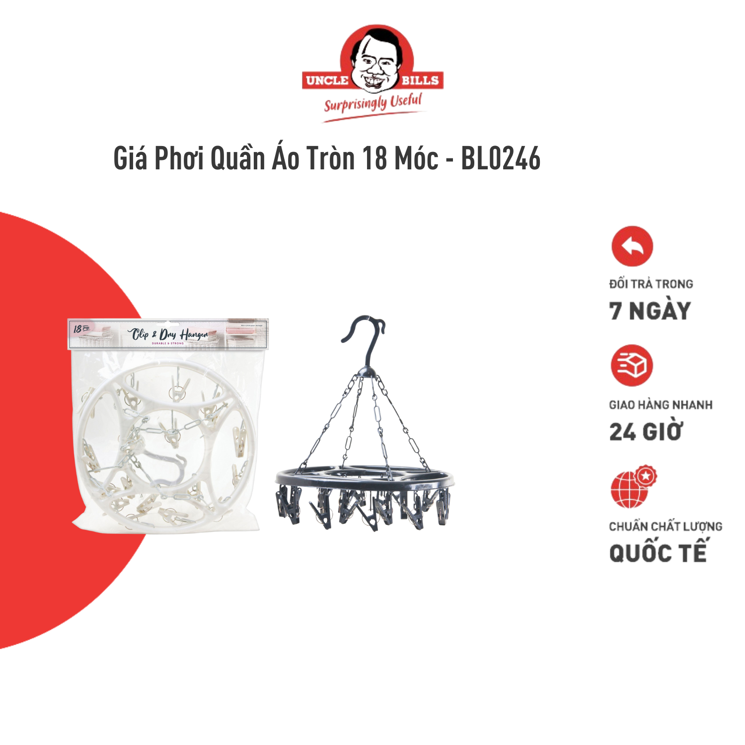 Móc tròn phơi quần áo 18 kẹp chất liệu nhựa cao cấp Uncle Bills BL0246 móc phơi quần áo trẻ sơ sinh, phơi khăn, vớ tất tiện dụng, tiết kiệm thời gian, chất liệu nhựa cao cấp