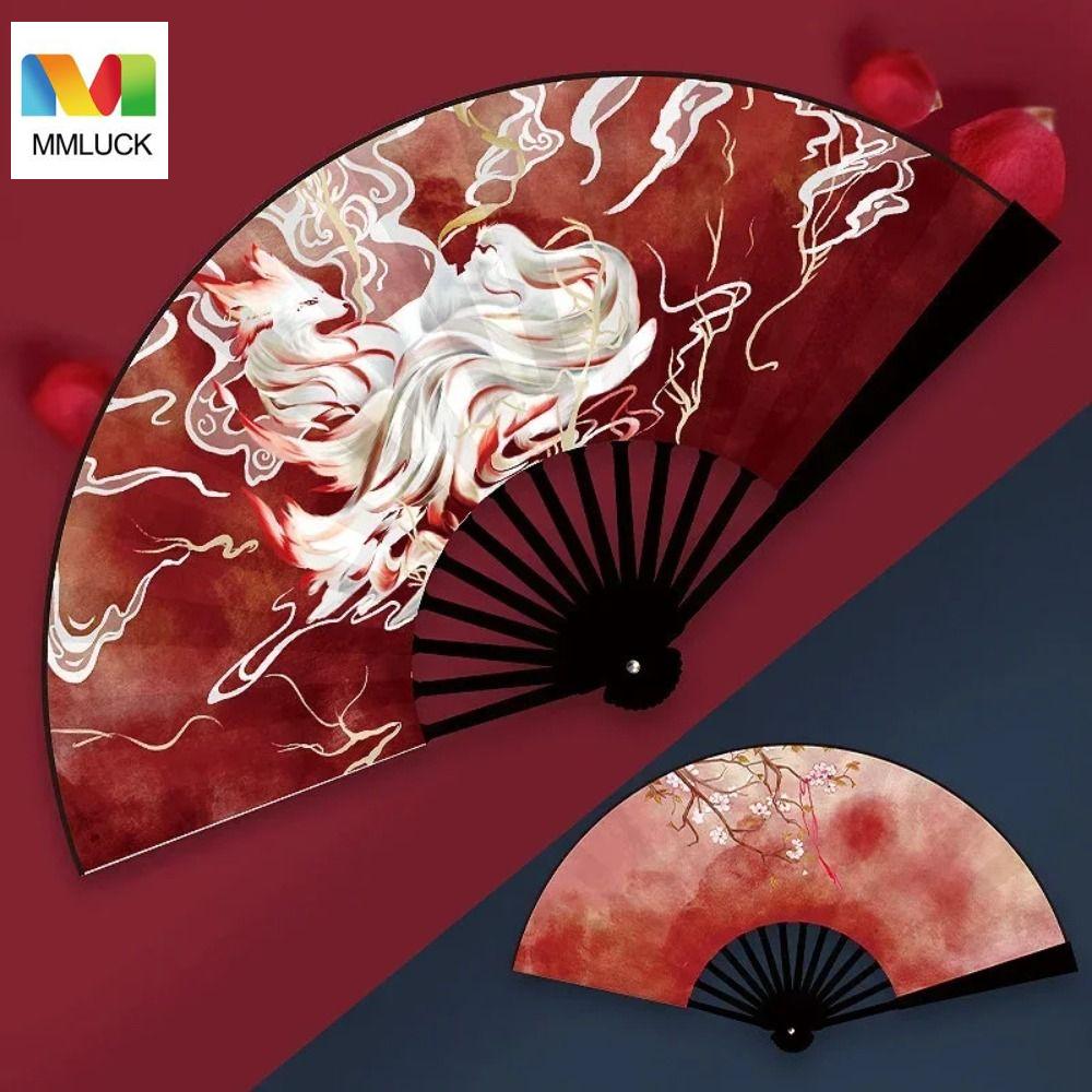 MMLUCK quạt giấy quạt tay cổ trang Lớn Quạt gấp phong cách Trung Quốc Tre Dày Quạt cầm tay khiêu vũ Phụ kiện quần áo han Bền Quạt gấp lụa cổ điển Phụ nữ