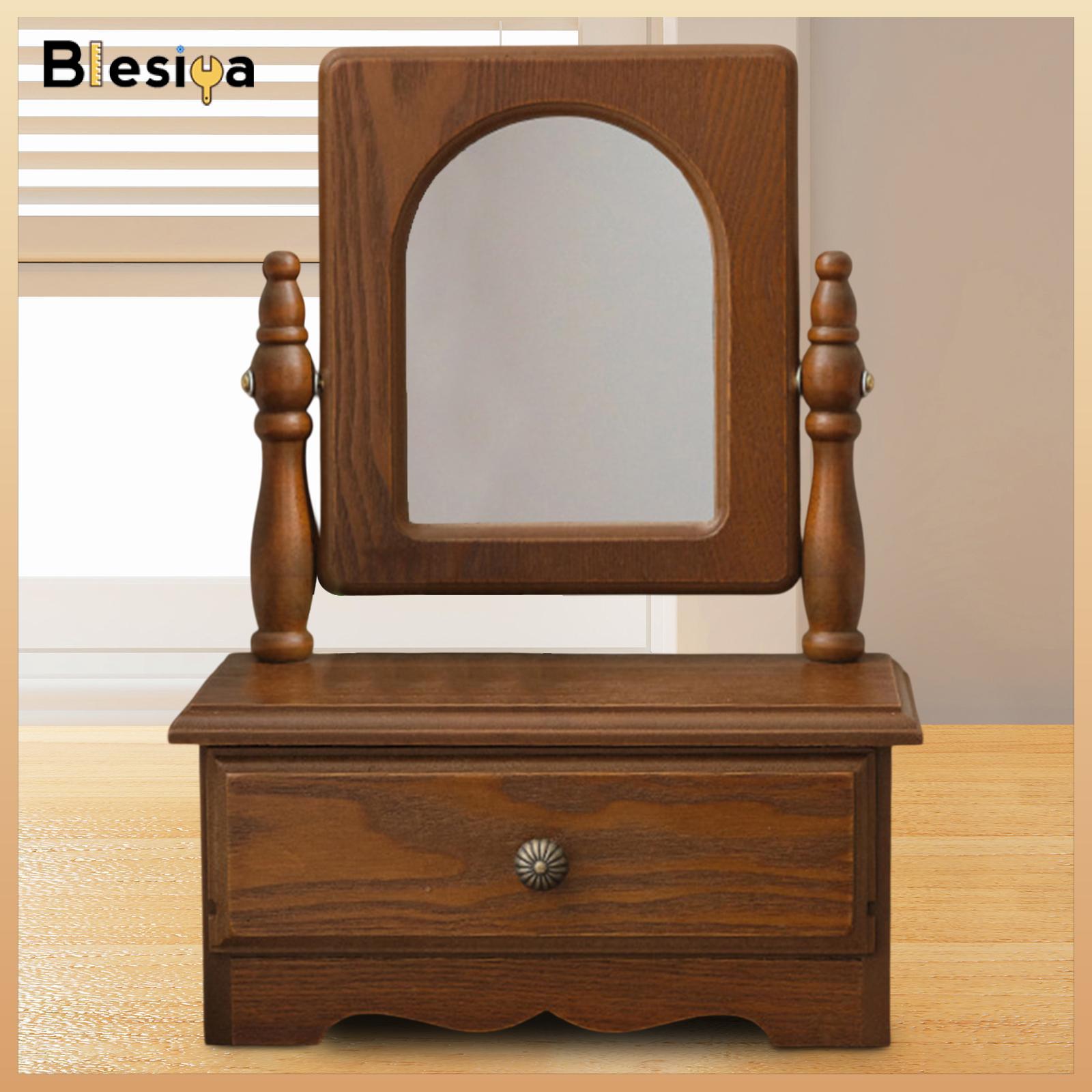 Wood Desk Makeup Mirror Birthday Gift Vintage with Drawer 360° Swivel Countertop Mirror for Bedroom Bathroom Living Room Women ราคา 12,663 บาท*ส่งฟรี