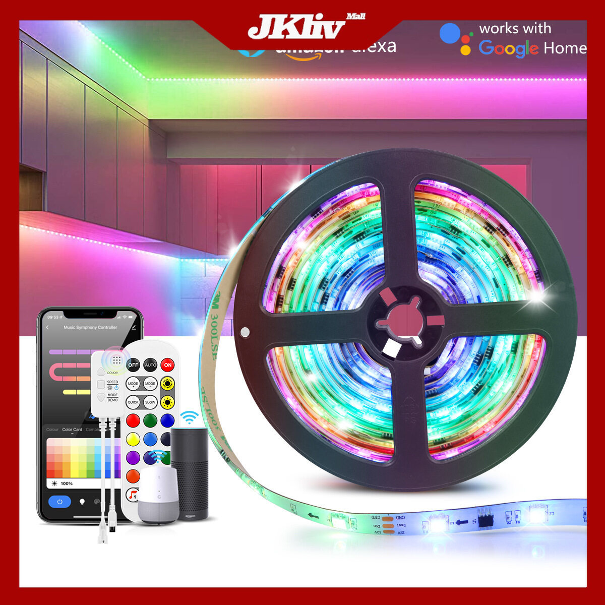 JKliv WIFI กราฟฟิตีสมาร์ทเข็มขัดไฟซิมโฟนีชุดบลูทูธแอพควบคุมเสียง5050กันน้ำซิลิโคนกระโจมไฟ - ยี่ห้อ JKliv ราคา 521 บาท*ส่งฟรี